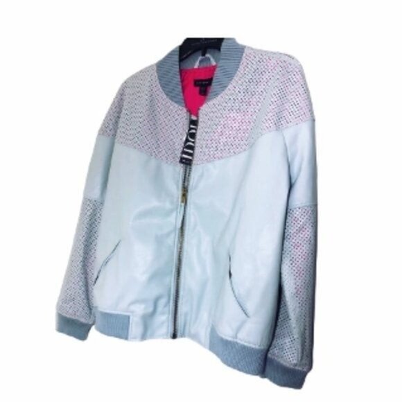 Topshop Womens Blue Vegan Leather Full Zip Idol Bomber Jacket Sz 12 NEW - Picture 1 of 11